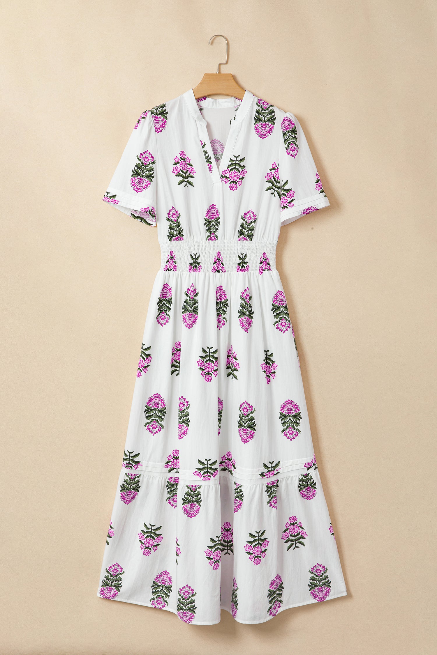 White Floral Print Split Neck Shirred High Waist Ruffle Hem Maxi Dress-TOPS / DRESSES-[Adult]-[Female]-2022 Online Blue Zone Planet