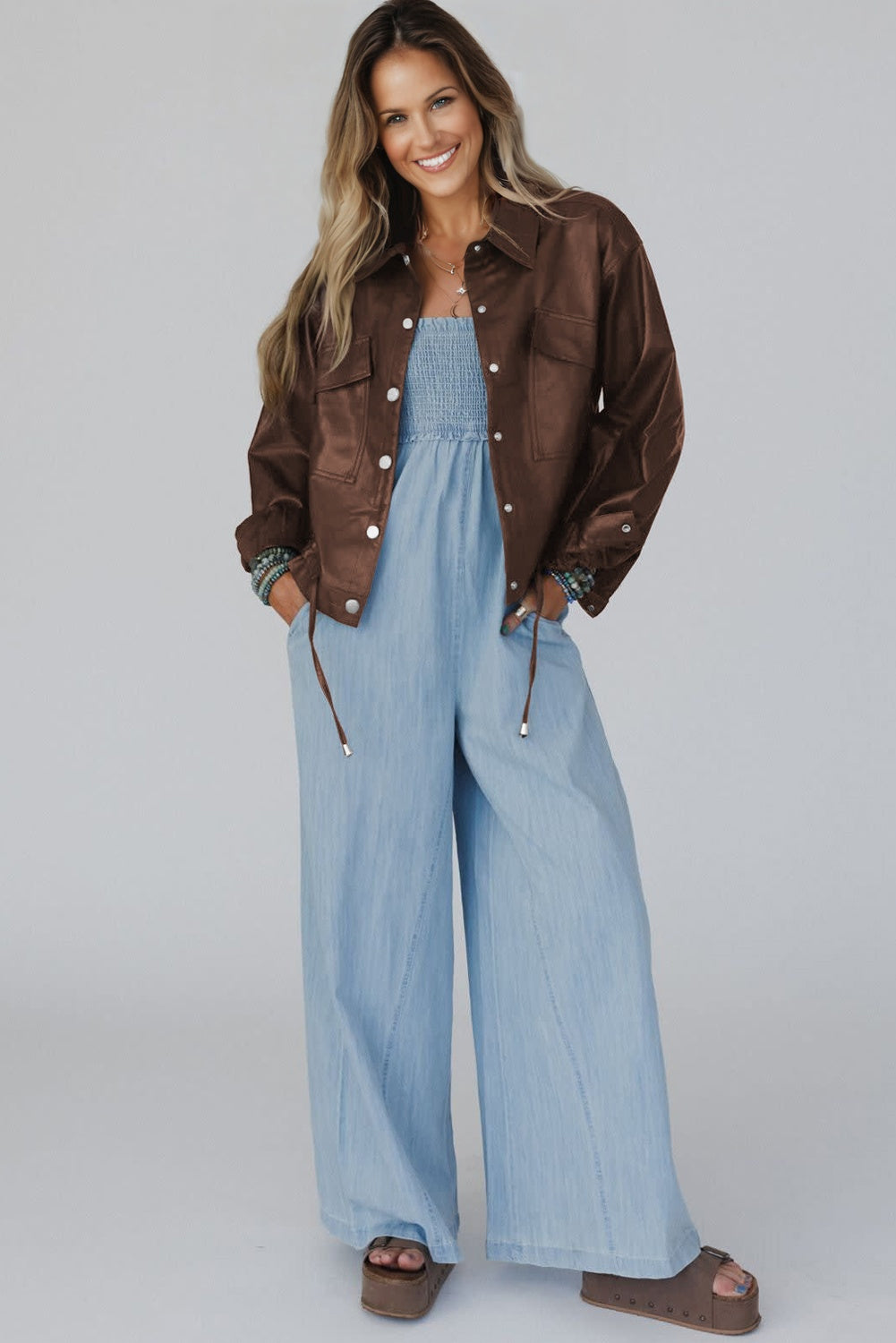 Chicory Coffee Double Flap Pocket Drawstring Hem Leather Jacket-Outerwear/Jackets-[Adult]-[Female]-2022 Online Blue Zone Planet