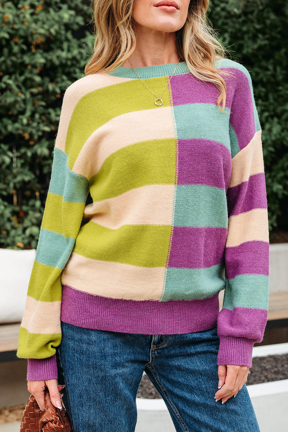 Green Stripe Drop Shoulder Ribbed Edge Casual Sweater-TOPS / DRESSES-[Adult]-[Female]-2022 Online Blue Zone Planet