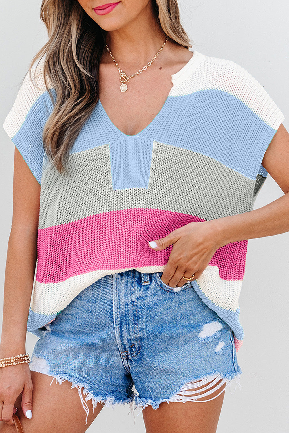 Light Blue Color Block Notch V Neck Sweater T Shirt-Sweaters & Cardigans/Short Sleeve Sweaters-[Adult]-[Female]-2022 Online Blue Zone Planet