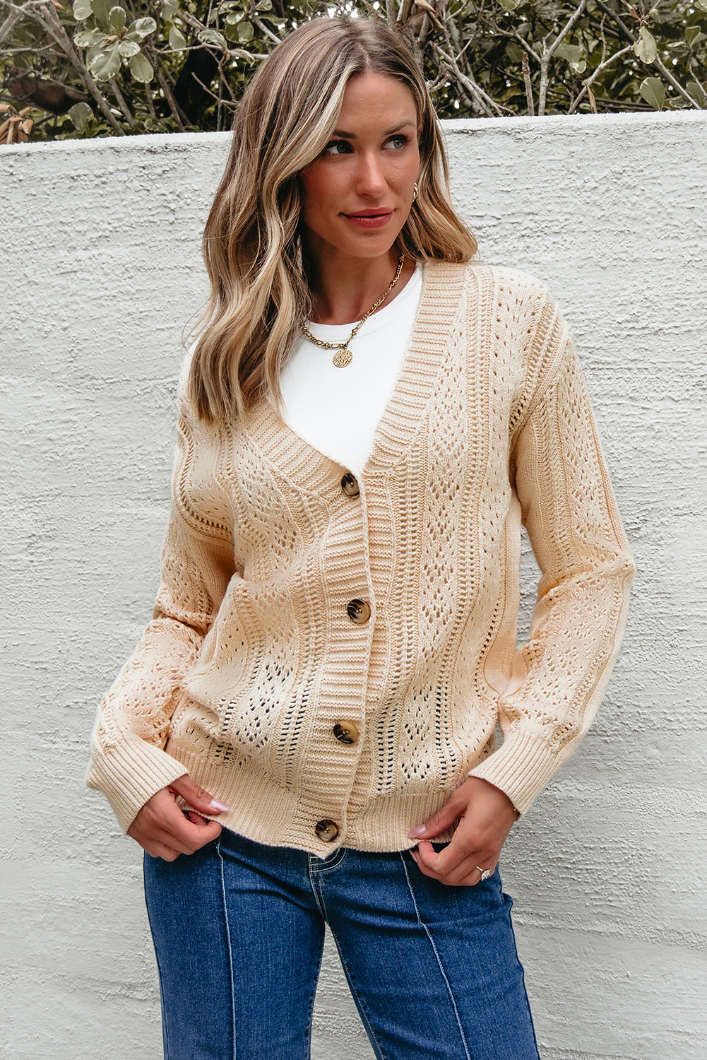 Blue Zone Planet | Beige Open Knit Drop Shoulder Sweater Cardigan-Sweaters & Cardigans/Cardigans-[Adult]-[Female]-2022 Online Blue Zone Planet