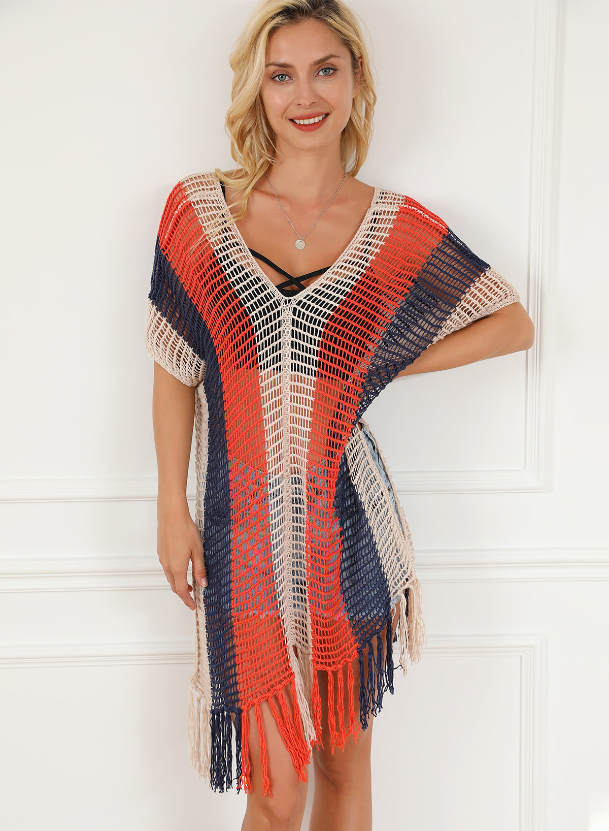 Blue Zone Planet |  Multicolor Striped Tassel Crochet V Neck Beach Cover Up Blue Zone Planet