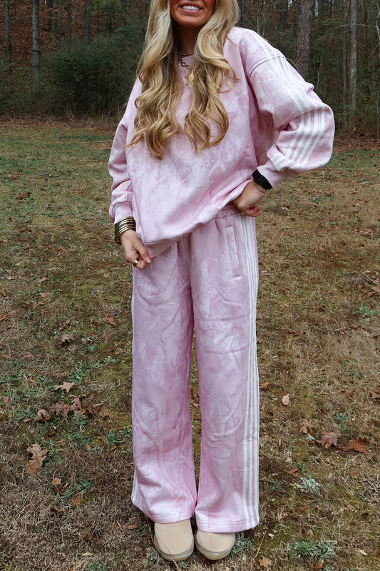 Pink Abstract Print Side Stripe Detail Long Sleeve Top Loose Pants Set
