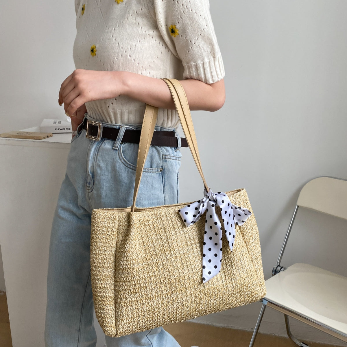 Straw Woven Leather Strap Handbag-HANDBAGS-[Adult]-[Female]-Tan-One Size-2022 Online Blue Zone Planet