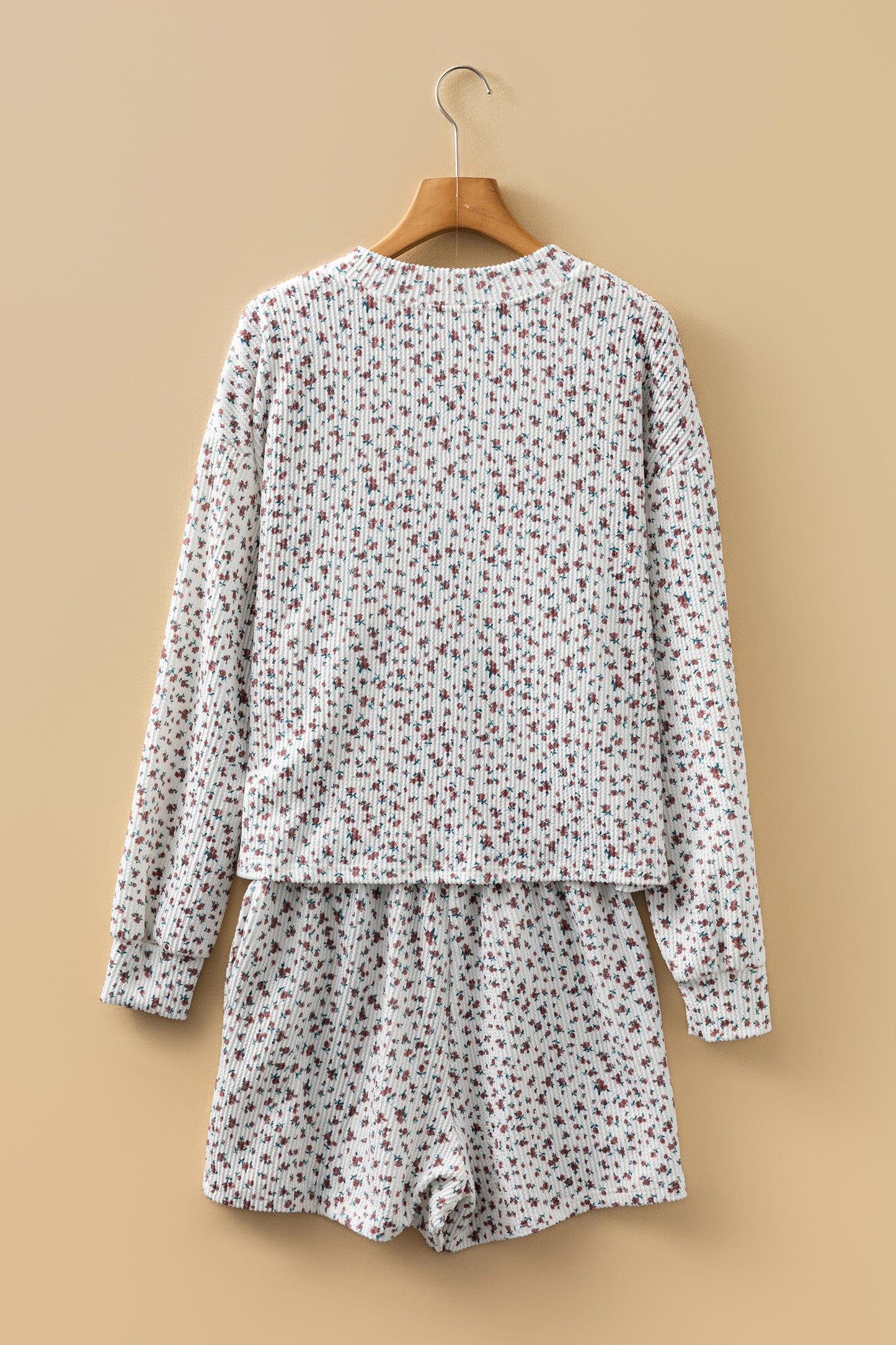 White Spiral Ribbed Floral Print Long Sleeve Henley Top Drawstring Short Set-Two Piece Sets/Short Sets-[Adult]-[Female]-2022 Online Blue Zone Planet