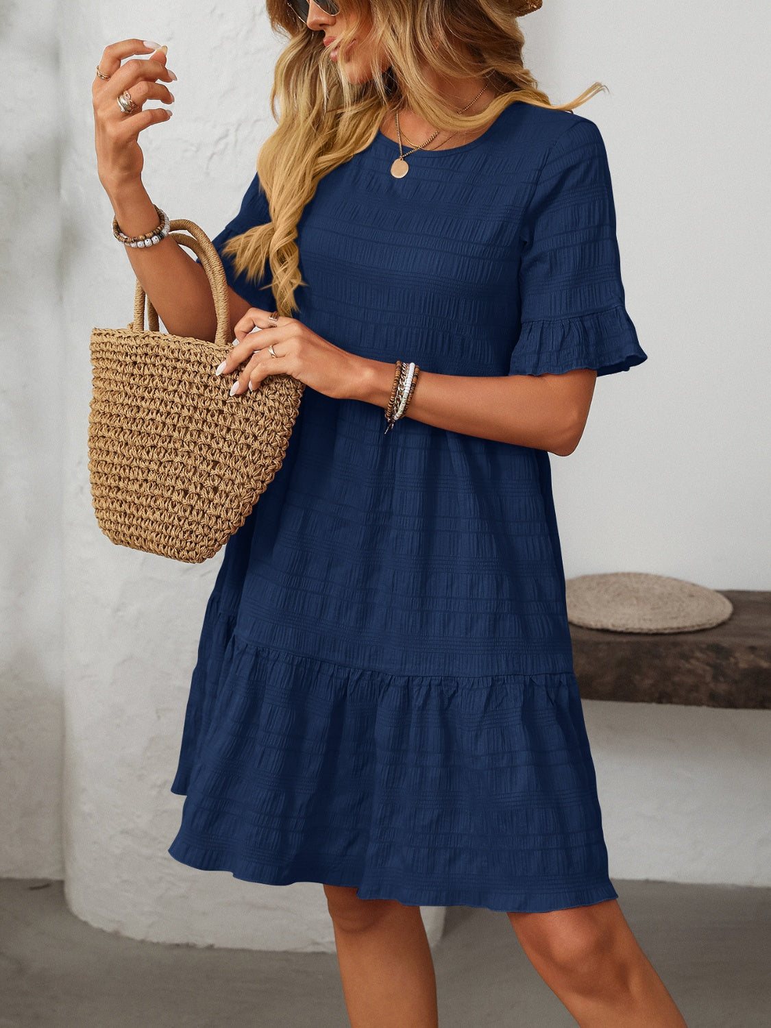 Mandy Ruffled Ruched Round Neck Half Sleeve Dress-TOPS / DRESSES-[Adult]-[Female]-2022 Online Blue Zone Planet