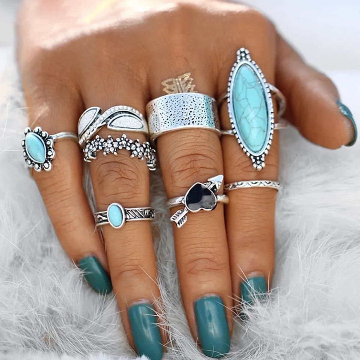 Turquoise Alloy 8-Piece Ring Set-RINGS-[Adult]-[Female]-Silver-One Size-2022 Online Blue Zone Planet