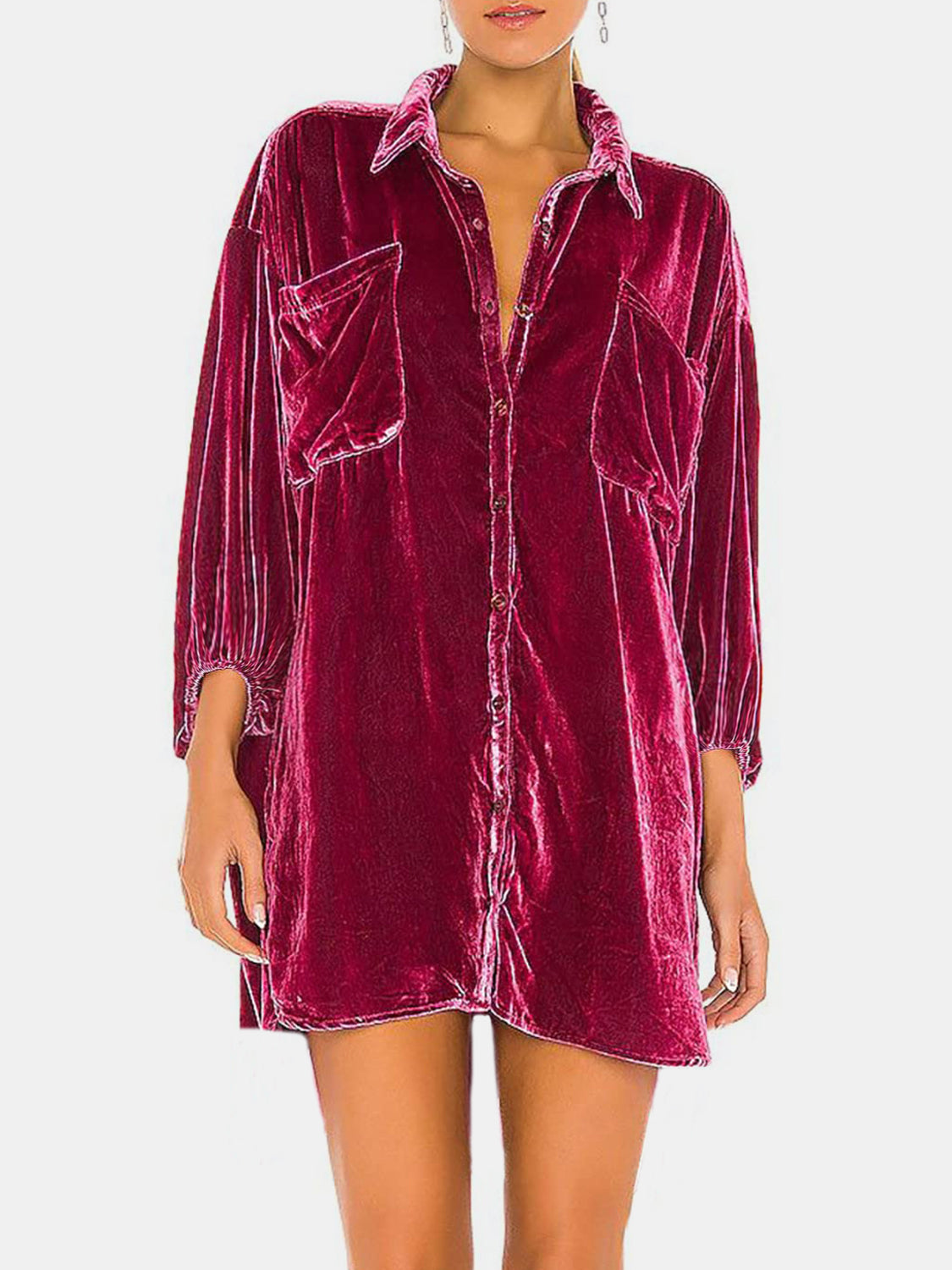 Blue Zone Planet | Collared Neck Button Down Long Sleeve Shirt-TOPS / DRESSES-[Adult]-[Female]-Deep Purple-S-2022 Online Blue Zone Planet