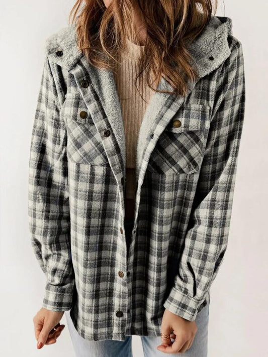 Plaid Snap Down Plush Hooded Jacket-TOPS / DRESSES-[Adult]-[Female]-Dark Gray-S-2022 Online Blue Zone Planet