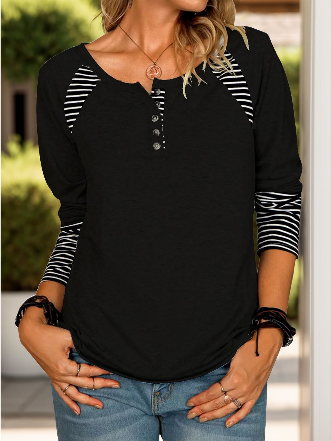 Full Size Striped Quarter Button Long Sleeve T-Shirt-TOPS / DRESSES-[Adult]-[Female]-Black-S-2022 Online Blue Zone Planet