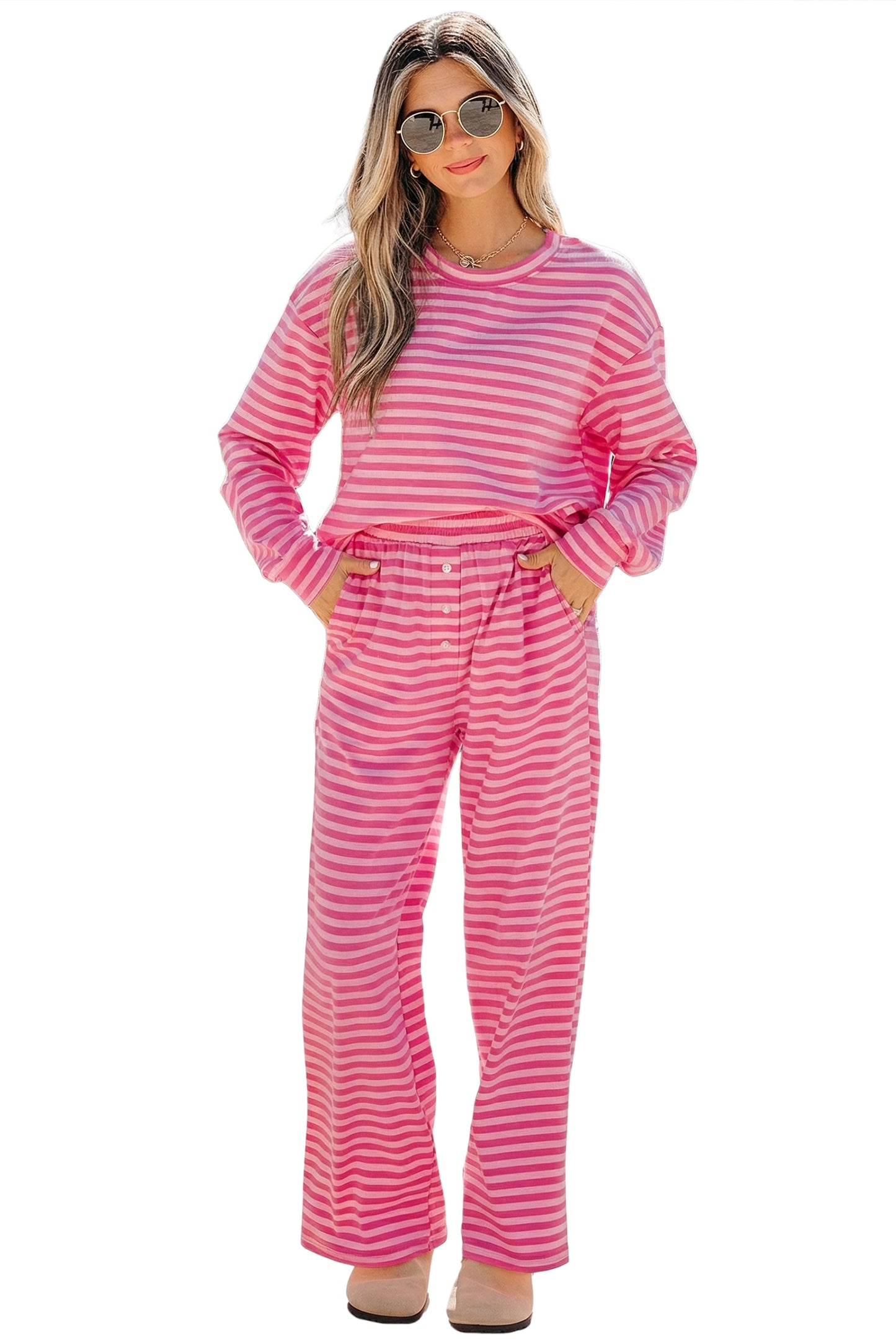 Rose Stripe Drop Shoulder Round Neck Top and Buttoned Straight Pants Two Piece Set-Two Piece Sets/Pant Sets-[Adult]-[Female]-2022 Online Blue Zone Planet