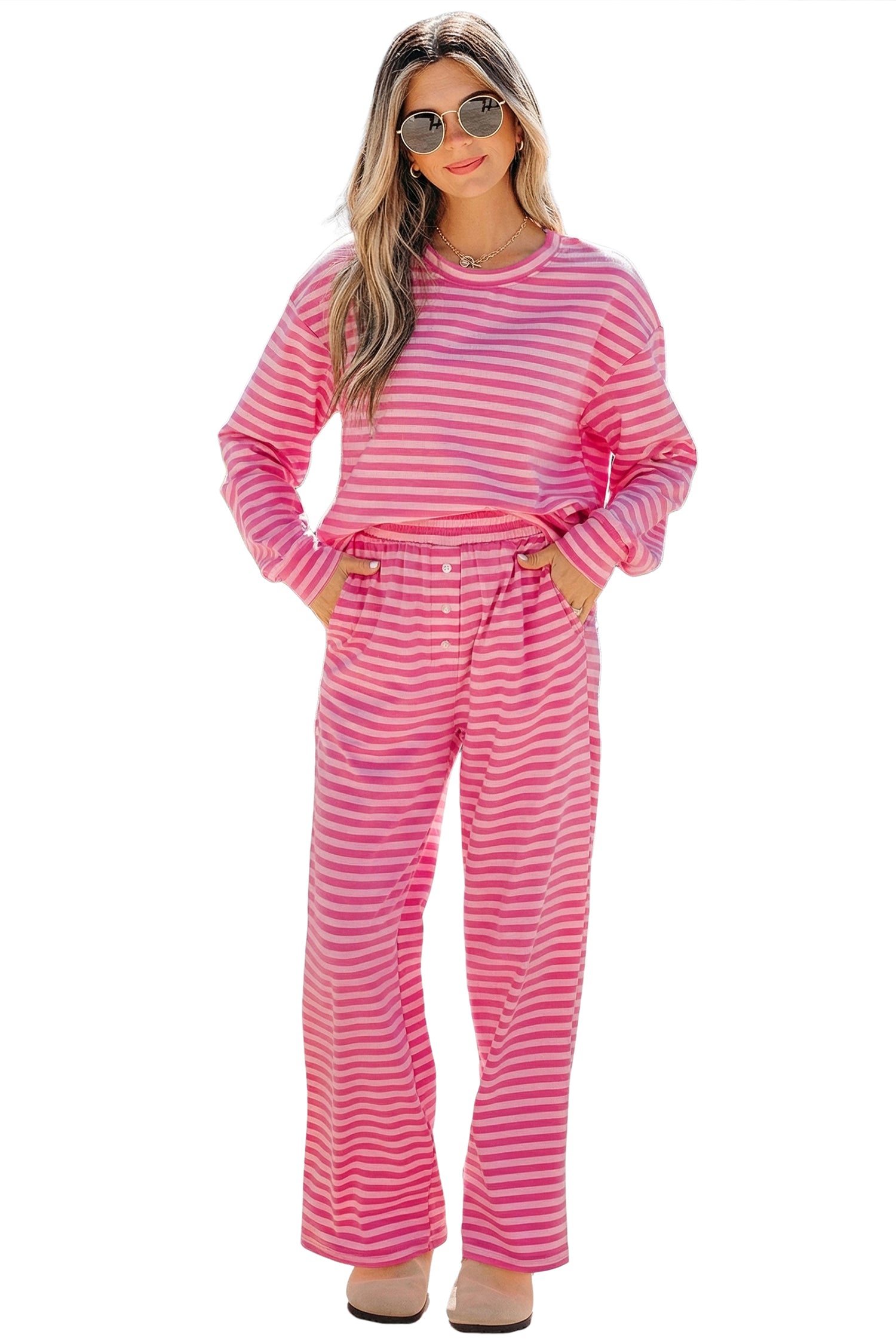 Rose Stripe Drop Shoulder Round Neck Top and Buttoned Straight Pants Two Piece Set-Two Piece Sets/Pant Sets-[Adult]-[Female]-2022 Online Blue Zone Planet
