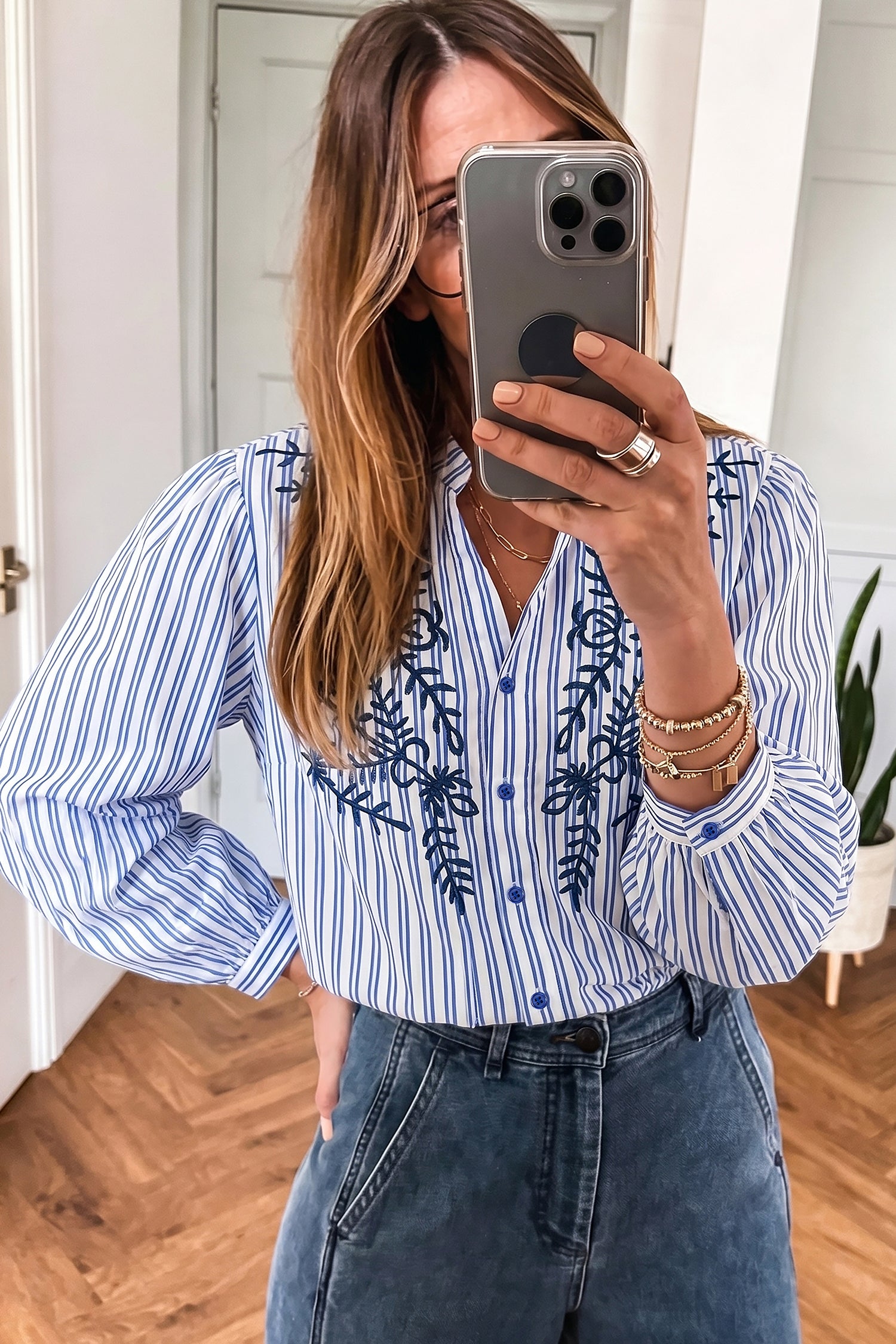 Blue Stripe Embroidered Detail Button Front Long Sleeve Shirt-Tops/Blouses & Shirts-[Adult]-[Female]-2022 Online Blue Zone Planet