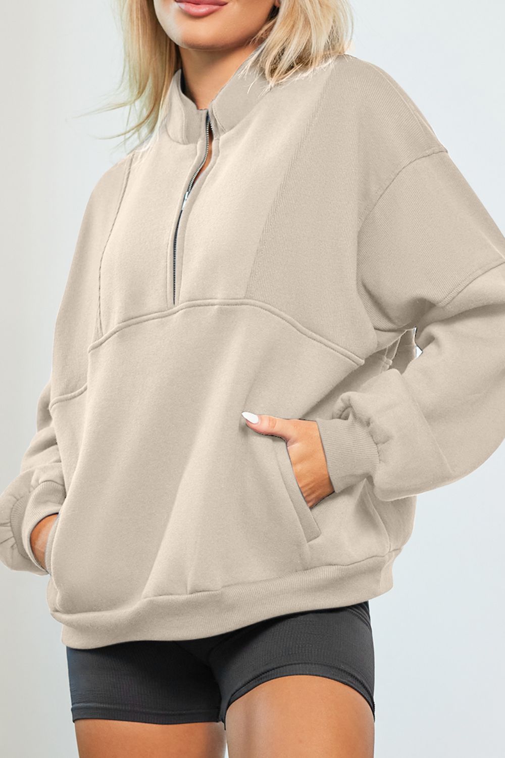 Half Zip Drop Shoulder Long Sleeve Sweatshirt-TOPS / DRESSES-[Adult]-[Female]-Beige-S-2022 Online Blue Zone Planet