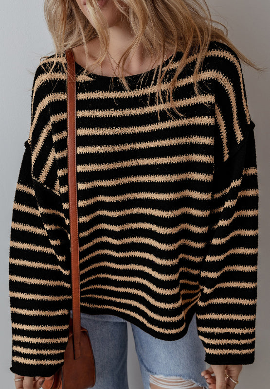 Stripe Drop Shoulder Round Neck Sweater-TOPS / DRESSES-[Adult]-[Female]-2022 Online Blue Zone Planet