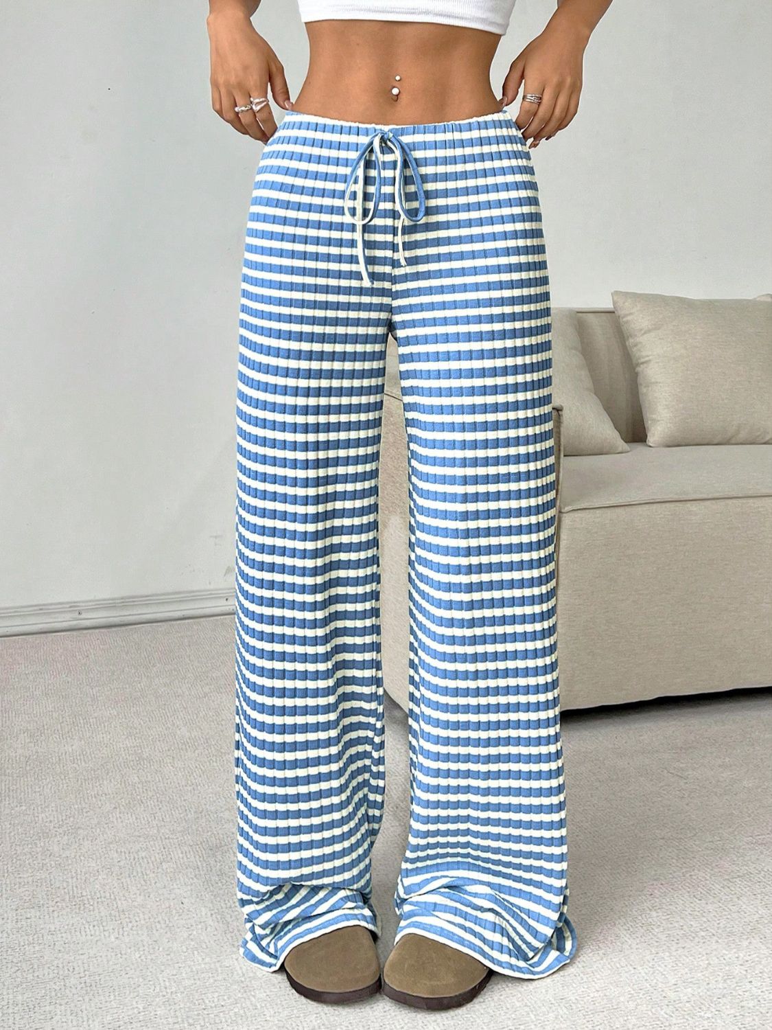 Blue Zone Planet | Tied Striped Wide Leg Pants-BOTTOMS SIZES SMALL MEDIUM LARGE-[Adult]-[Female]-Light Blue-S-2022 Online Blue Zone Planet