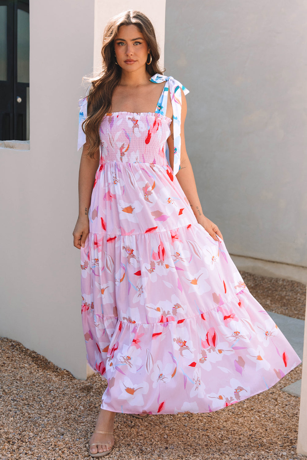 Pink Floral Print Knotted Shoulder Smocked Maxi Dress-TOPS / DRESSES-[Adult]-[Female]-2022 Online Blue Zone Planet
