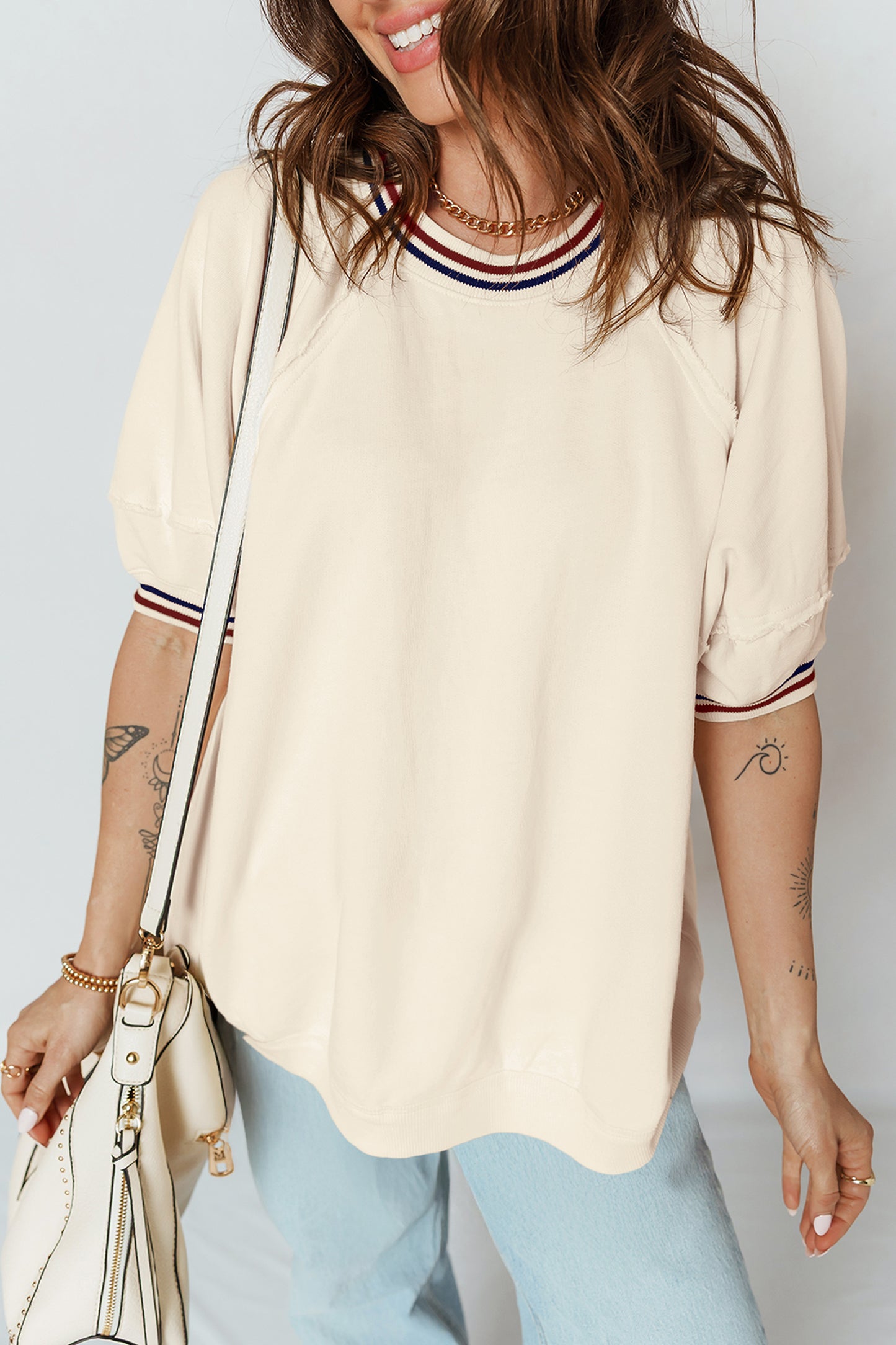 Beige Contrast Varsity Striped Neckline Cuffed Short Sleeve Loose Tunic Top-Tops/Tops & Tees-[Adult]-[Female]-Beige-S-2022 Online Blue Zone Planet