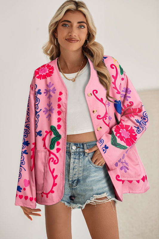 Pink Ethnic Floral Side Pockets Coat-Coats-[Adult]-[Female]-Pink-S-2022 Online Blue Zone Planet