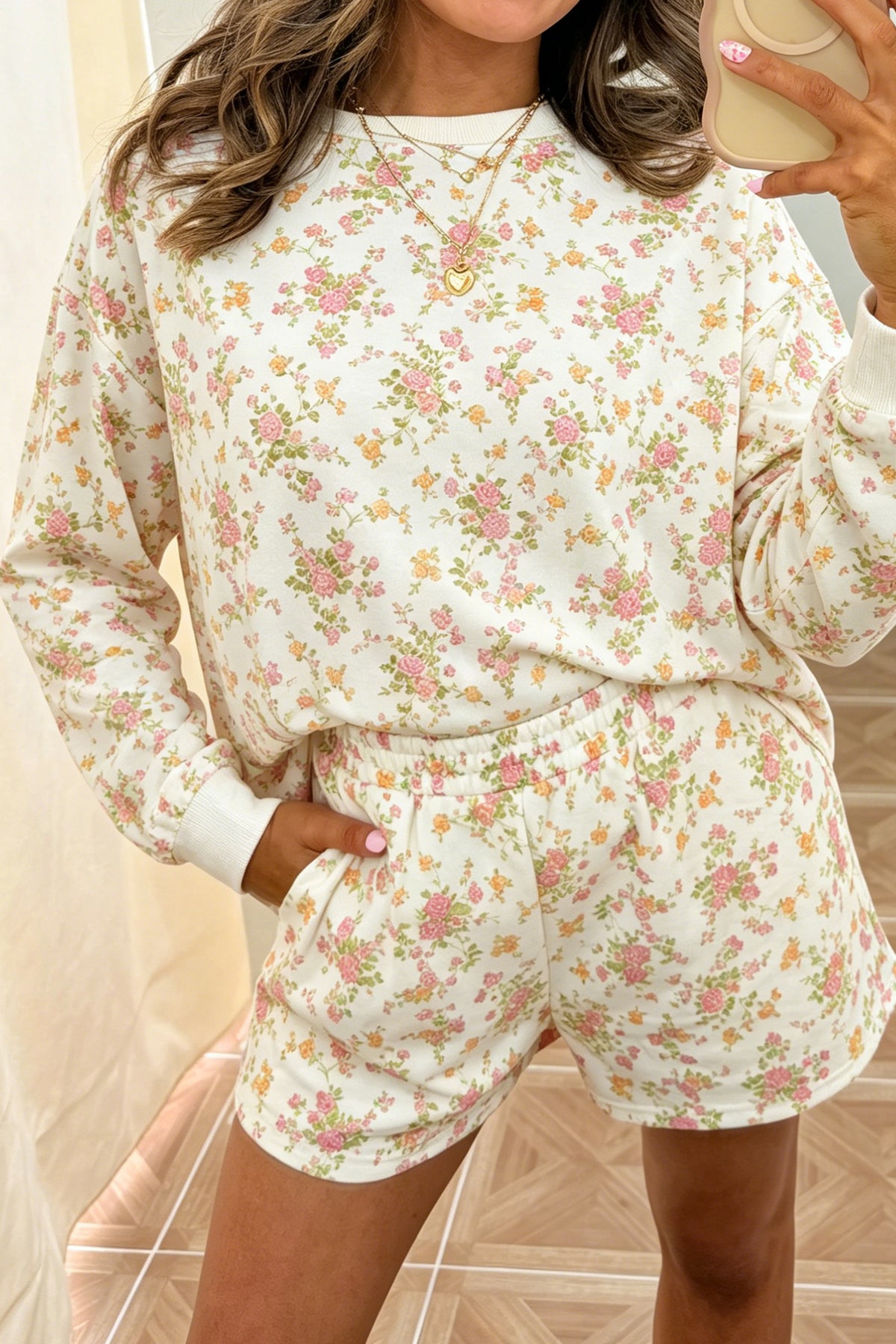 Beige Floral Print Long Sleeve Shift Top Pocketed Shorts 2pcs Set-Two Piece Sets/Short Sets-[Adult]-[Female]-2022 Online Blue Zone Planet