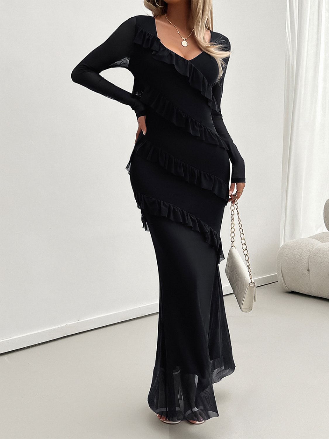 Devine Ruffled Surplice Long Sleeve Maxi Dress-TOPS / DRESSES-[Adult]-[Female]-2022 Online Blue Zone Planet