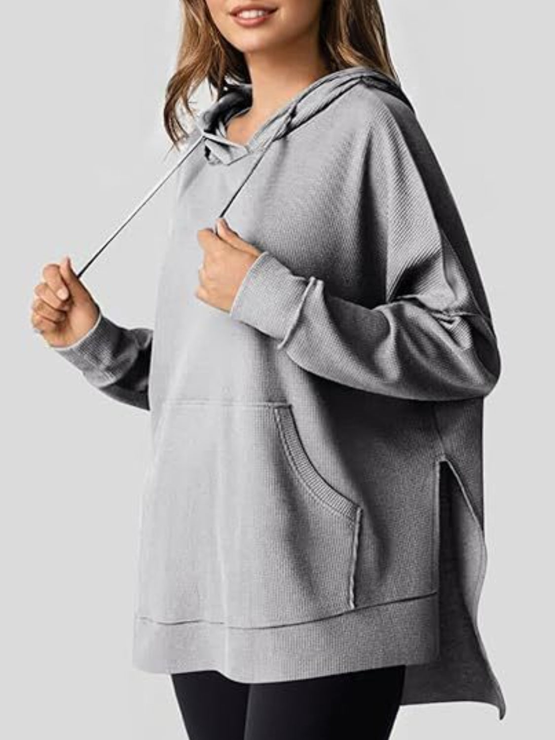 Drawstring Slit Long Sleeve Hoodie-TOPS / DRESSES-[Adult]-[Female]-2022 Online Blue Zone Planet