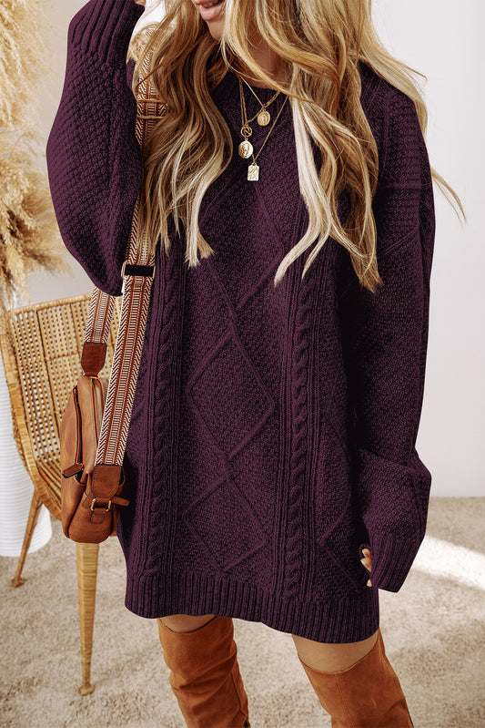 Burgundy Cable Knit Drop Shoulder Loose Fit Sweater Dress-TOPS / DRESSES-[Adult]-[Female]-Burgundy-XS-2022 Online Blue Zone Planet