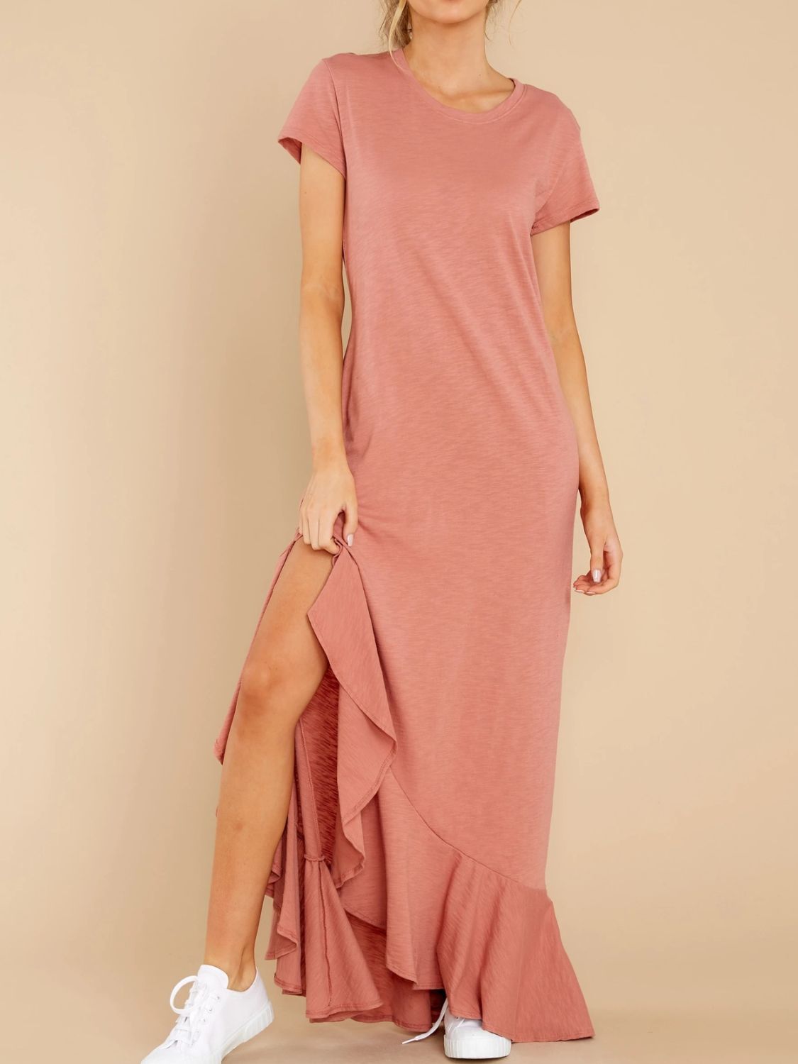 Blue Zone Planet | Slit Round Neck Short Sleeve Maxi Dress-TOPS / DRESSES-[Adult]-[Female]-Dusty Pink-S-2022 Online Blue Zone Planet