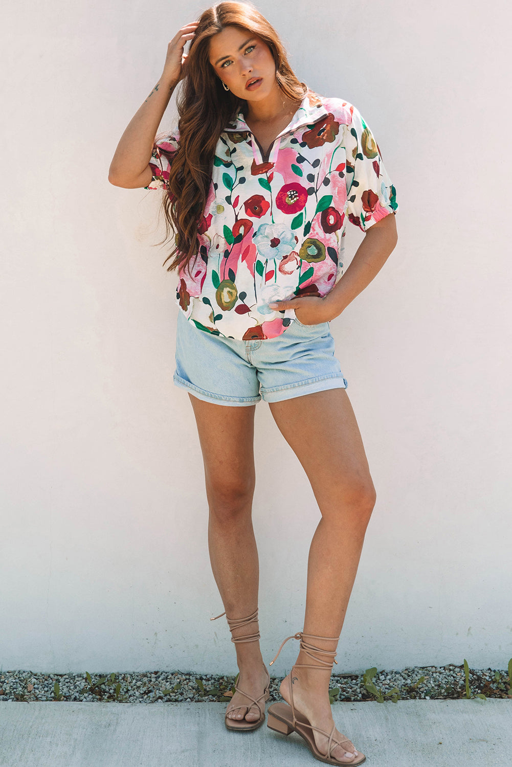 Pink Floral Print Slit V Neck Short Sleeve Blouse-Tops/Blouses & Shirts-[Adult]-[Female]-2022 Online Blue Zone Planet