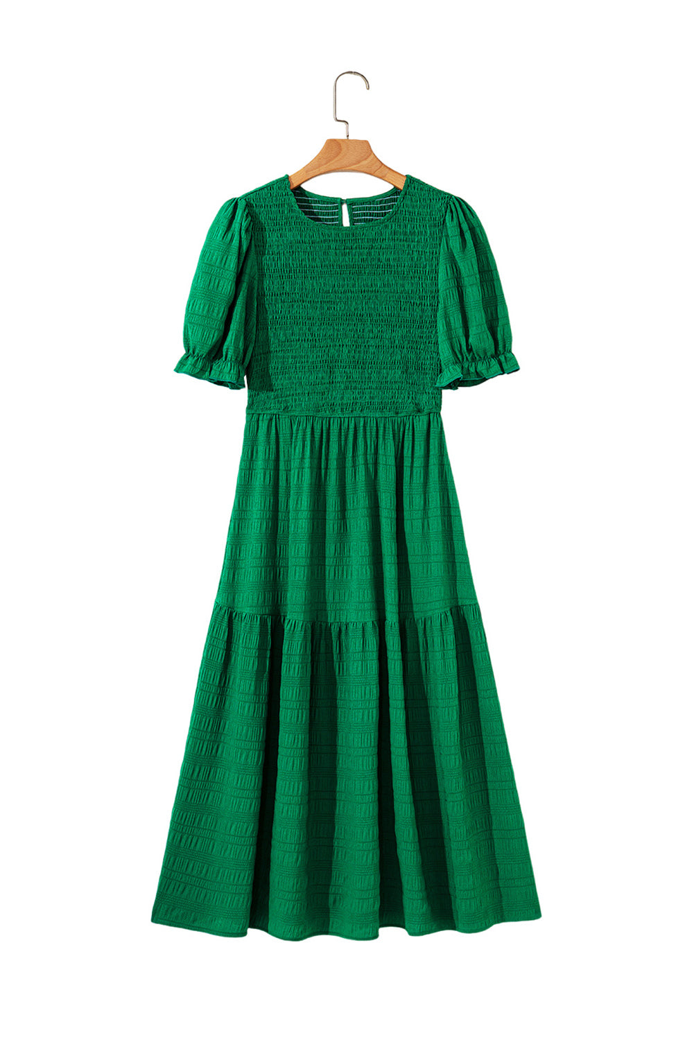 Dark Green Solid Textured Smocked Puff Short Sleeve High Waist Long Dress-TOPS / DRESSES-[Adult]-[Female]-2022 Online Blue Zone Planet