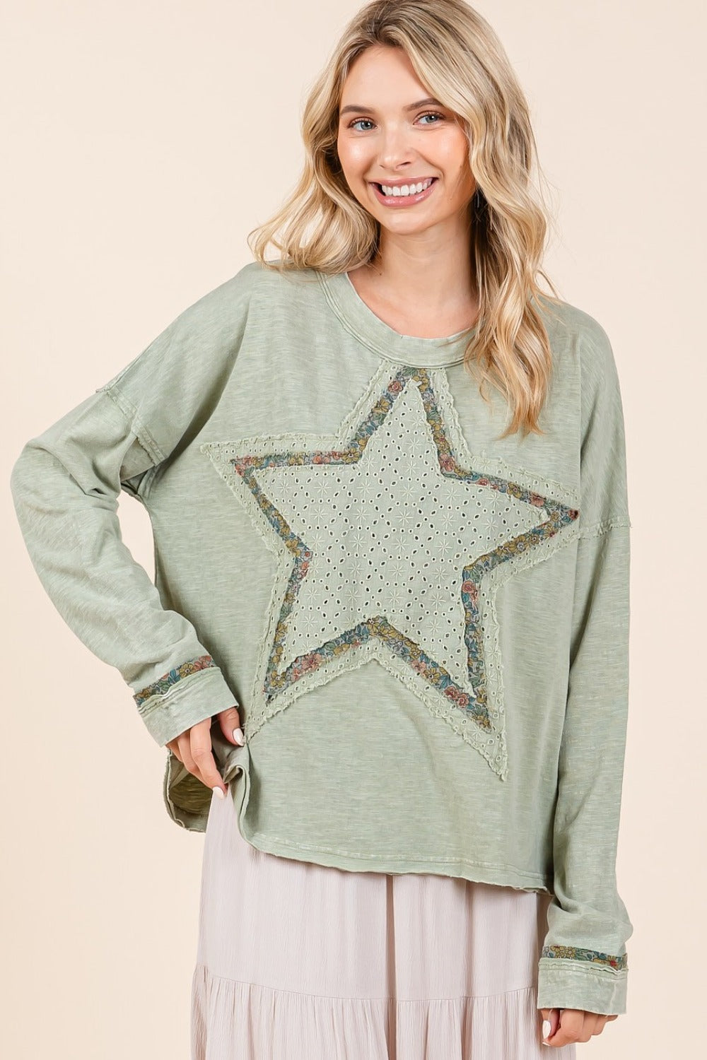 Mittoshop Mineral Wash Star Patch Long Sleeve T-Shirt-TOPS / DRESSES-[Adult]-[Female]-2022 Online Blue Zone Planet