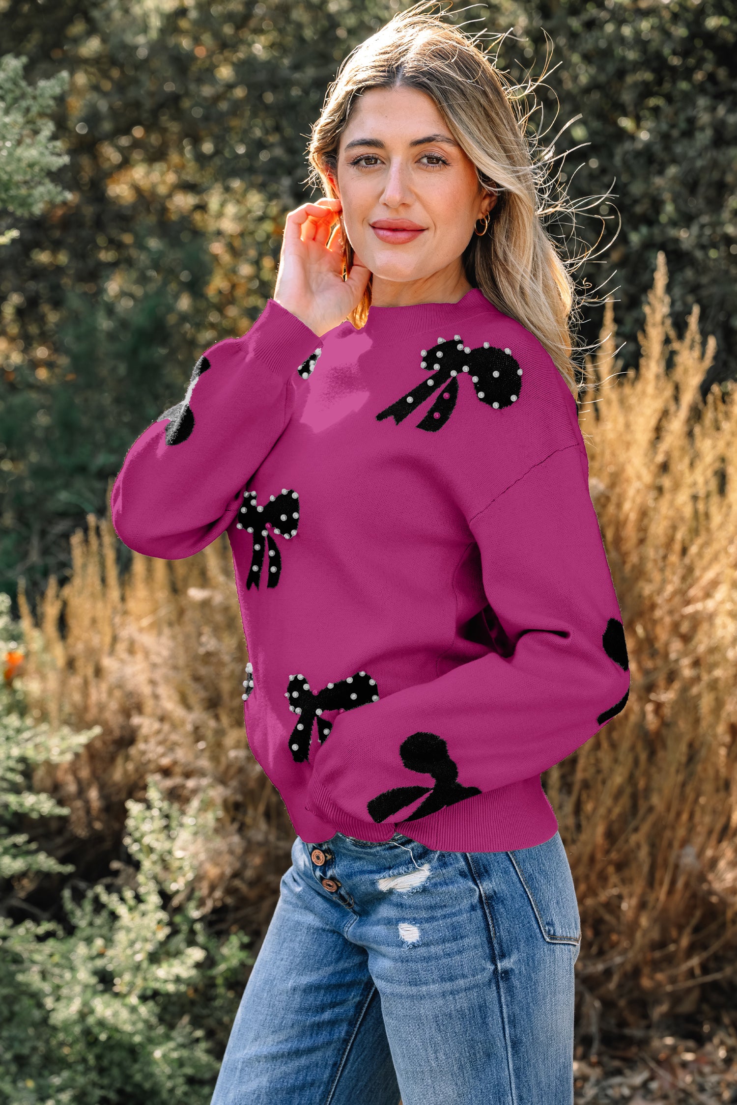 Bright Pink Pearl Embellished Bow Pattern Loose Sweater-TOPS / DRESSES-[Adult]-[Female]-2022 Online Blue Zone Planet