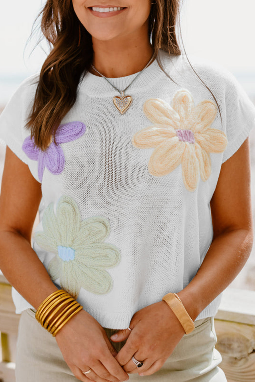 White Flower Patch Knit Round Neck Tee-T Shirts-[Adult]-[Female]-White-L-2022 Online Blue Zone Planet
