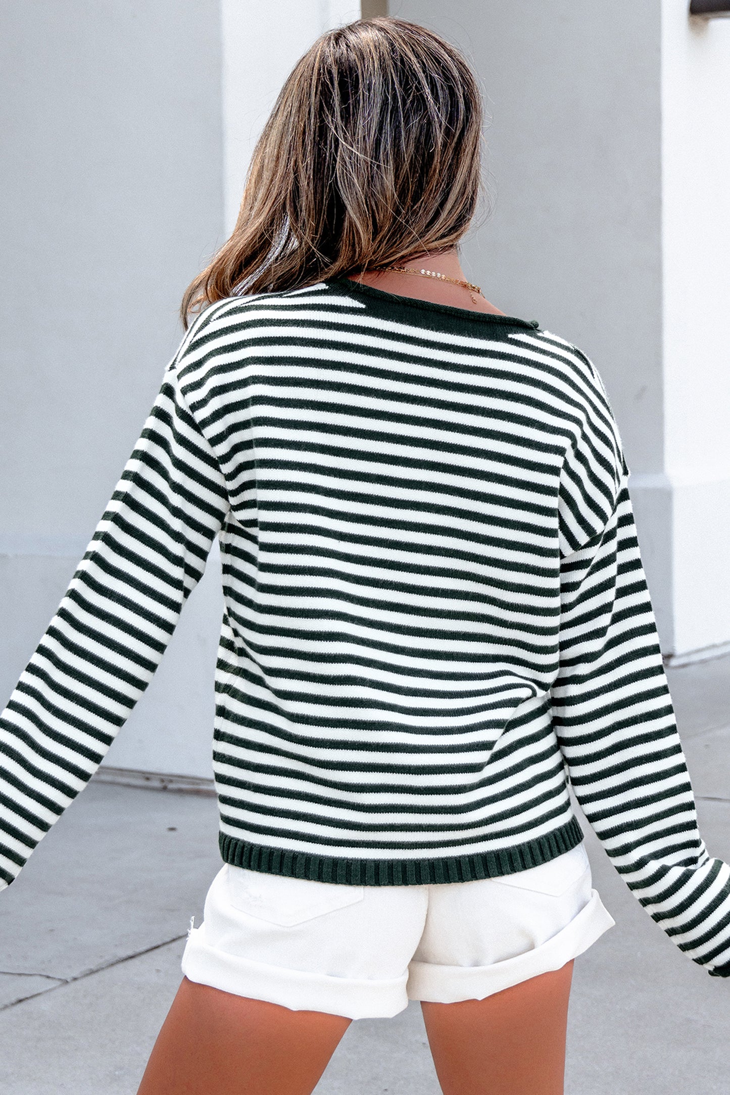 Green Stripe Striped Button Placket Drop Shoulder Long Sleeve Sweater-Sweaters & Cardigans/Sweaters-[Adult]-[Female]-2022 Online Blue Zone Planet