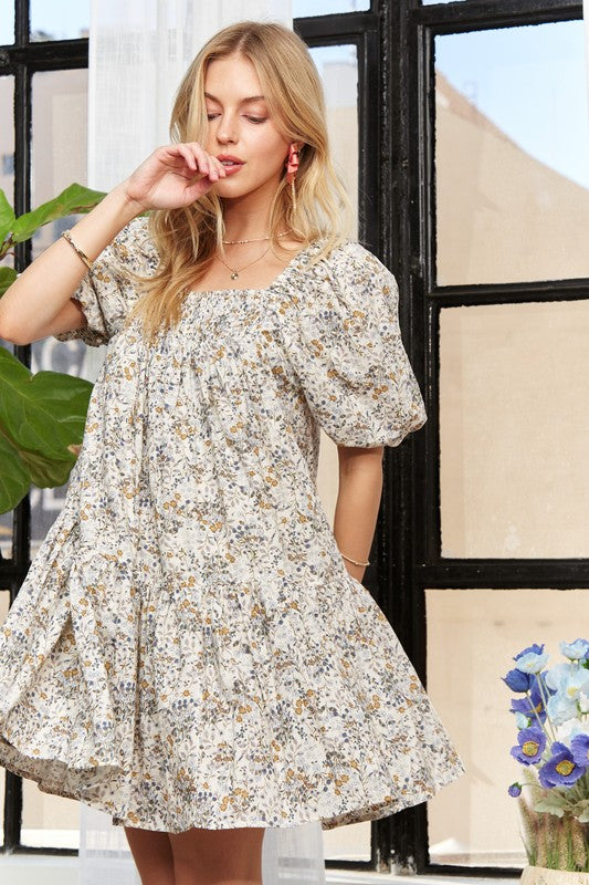 ADORA Floral Square Neck Puff Sleeve Dress-TOPS / DRESSES-[Adult]-[Female]-2022 Online Blue Zone Planet