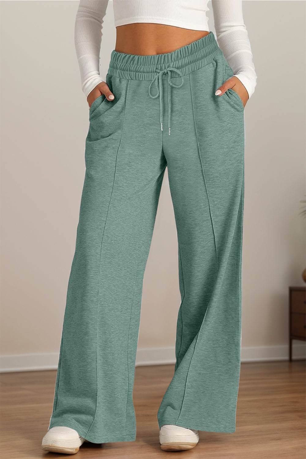 Drawstring Elastic Waist Wide Leg Pants-BOTTOMS SIZES SMALL MEDIUM LARGE-[Adult]-[Female]-Sage-S-2022 Online Blue Zone Planet