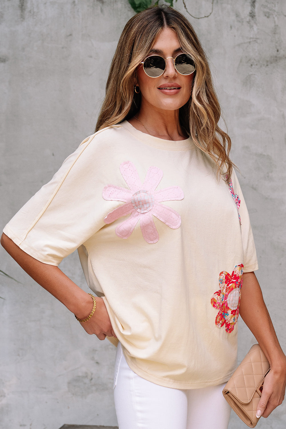 Apricot Flower Patched Exposed Stitching Trim Crew Neck Loose Tee-Tops/Tops & Tees-[Adult]-[Female]-2022 Online Blue Zone Planet