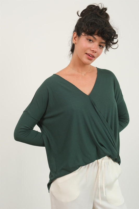 HYFVE Draped Drop Shoulder Long Sleeve Top-TOPS / DRESSES-[Adult]-[Female]-Dark Green-S-2022 Online Blue Zone Planet