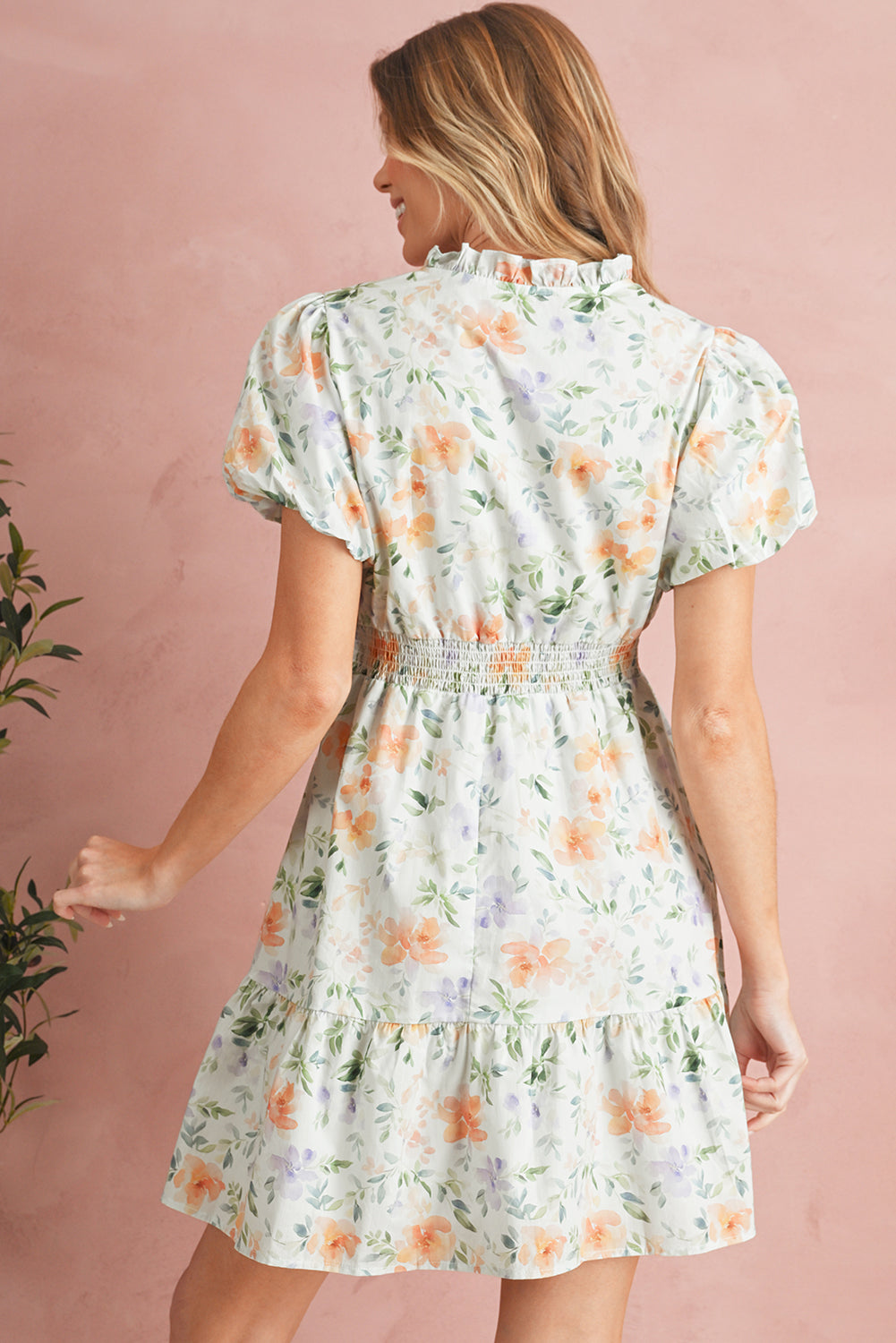 Beige Floral Print Smocked High Waist Puff Sleeve Mini Dress-TOPS / DRESSES-[Adult]-[Female]-2022 Online Blue Zone Planet