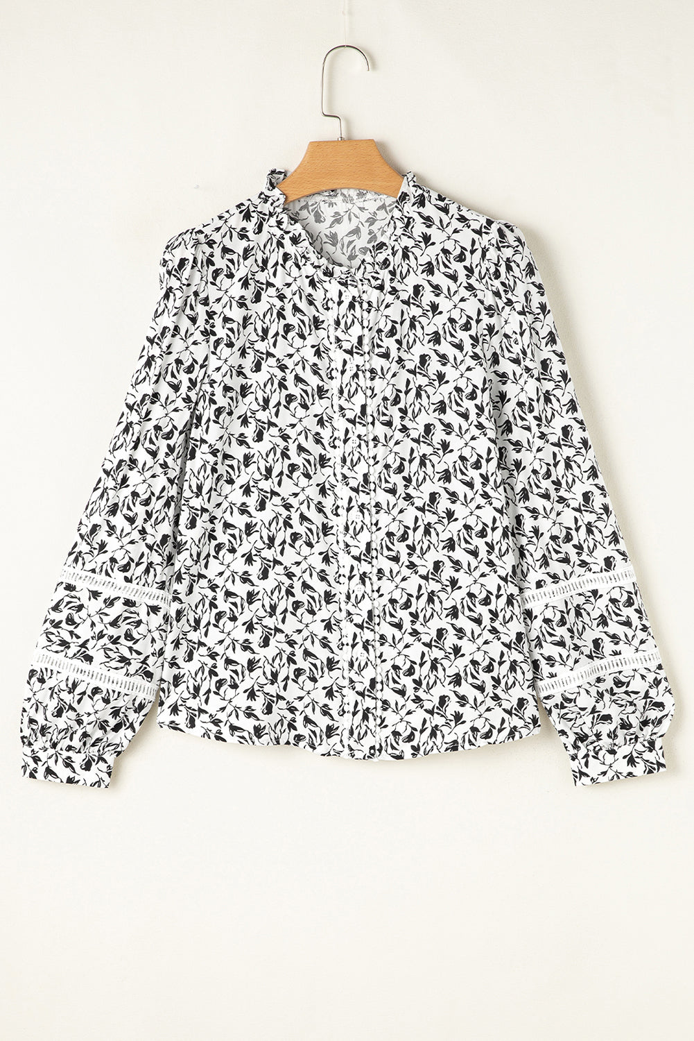 Black Printed Lace Detail Floral Puff Sleeve Fall Shirt-Tops/Blouses & Shirts-[Adult]-[Female]-2022 Online Blue Zone Planet