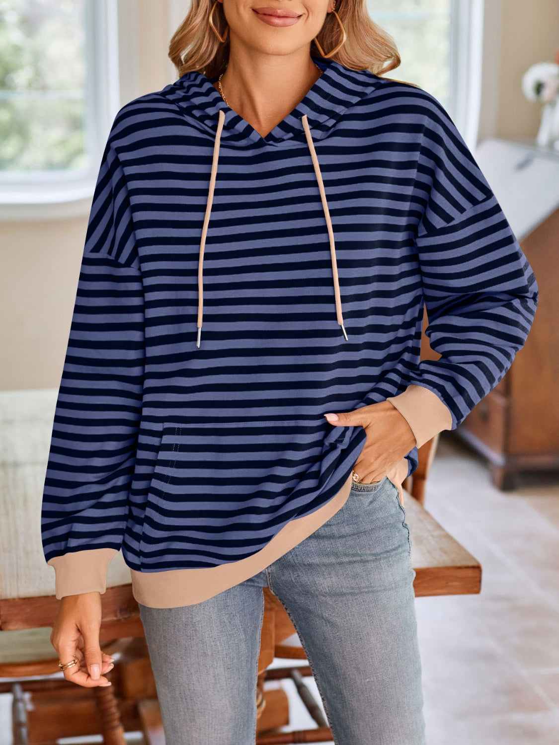 Lovelet Drawstring Striped Long Sleeve Hoodie-HOODIES-[Adult]-[Female]-2022 Online Blue Zone Planet