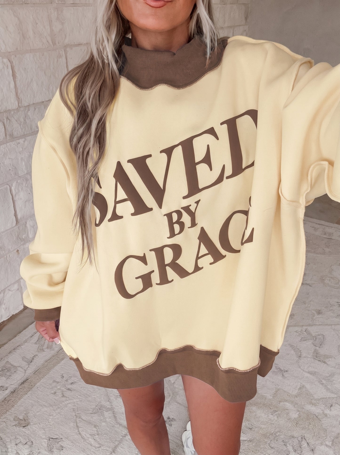 Beige Saved By Grace Print Color Block Mock Neck Oversized Sweatshirt-Tops/Sweatshirts & Hoodies-[Adult]-[Female]-Coffee-S-2022 Online Blue Zone Planet