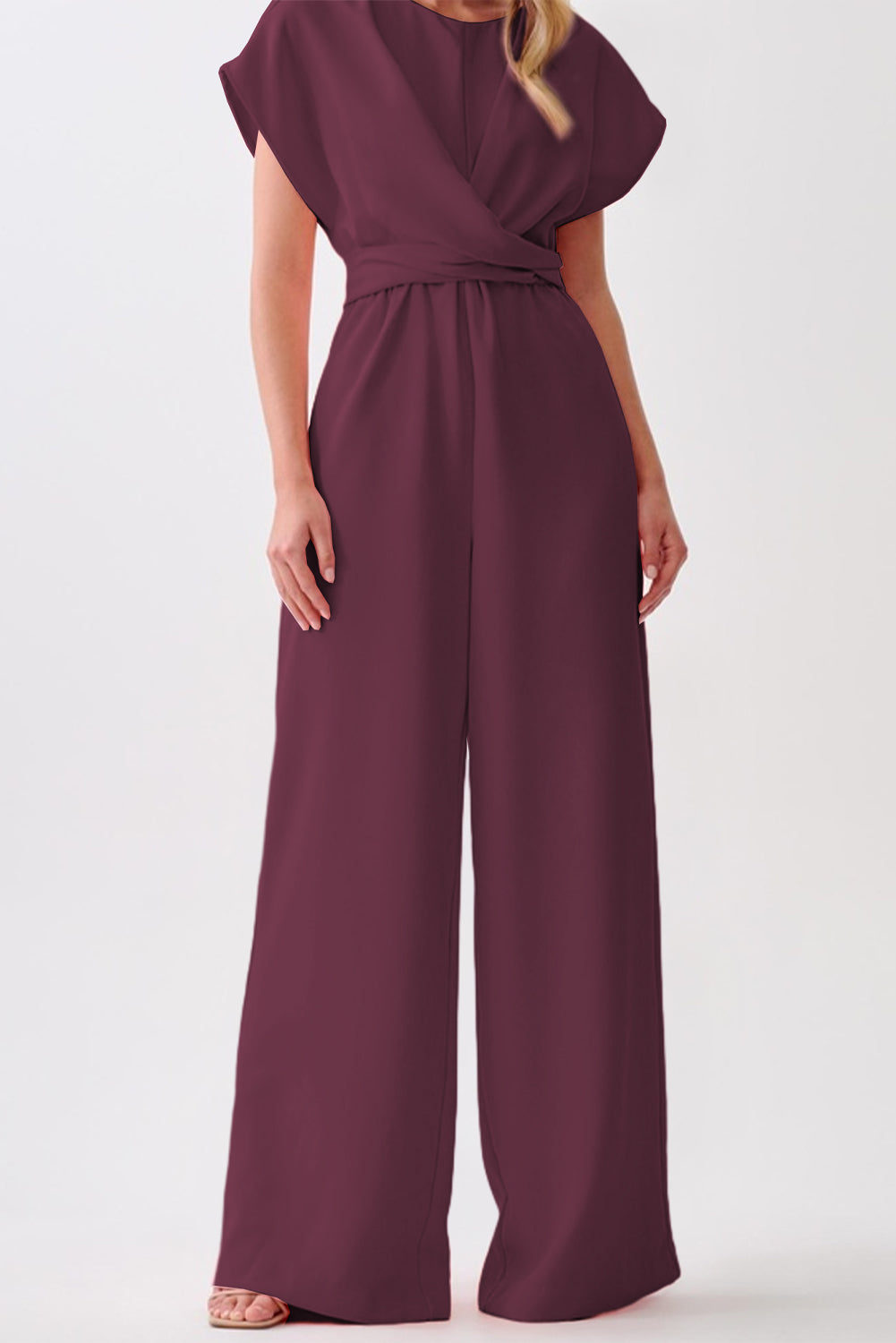 Burgundy Solid Color Cap Sleeve Knot Waist Shift Jumpsuit-Bottoms/Jumpsuits & Rompers-[Adult]-[Female]-2022 Online Blue Zone Planet