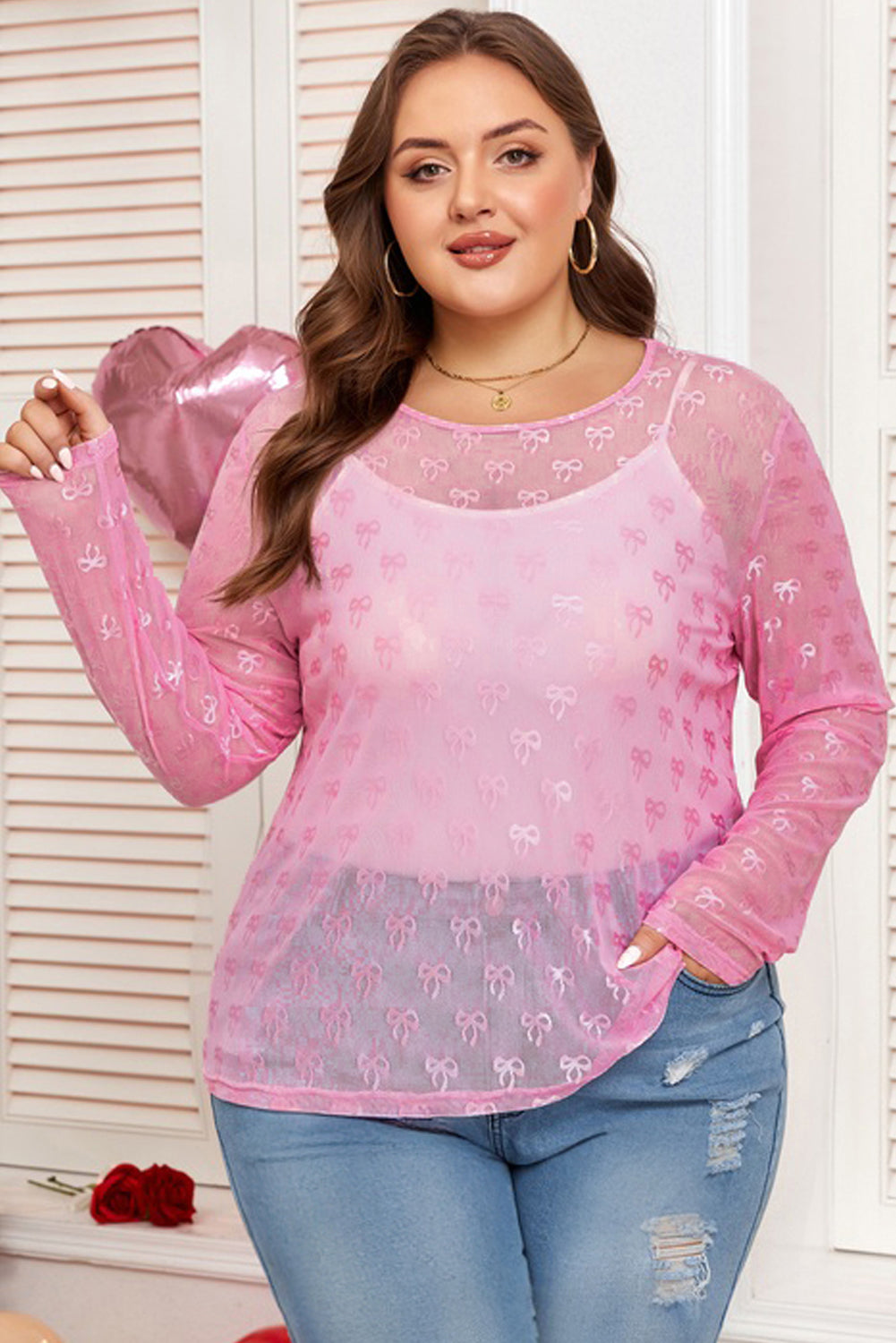 Pink Plus Size Bow Embroidered Mesh Long Sleeve Top-Plus Size/Plus Size Tops/Plus Size Long Sleeve Tops-[Adult]-[Female]-2022 Online Blue Zone Planet