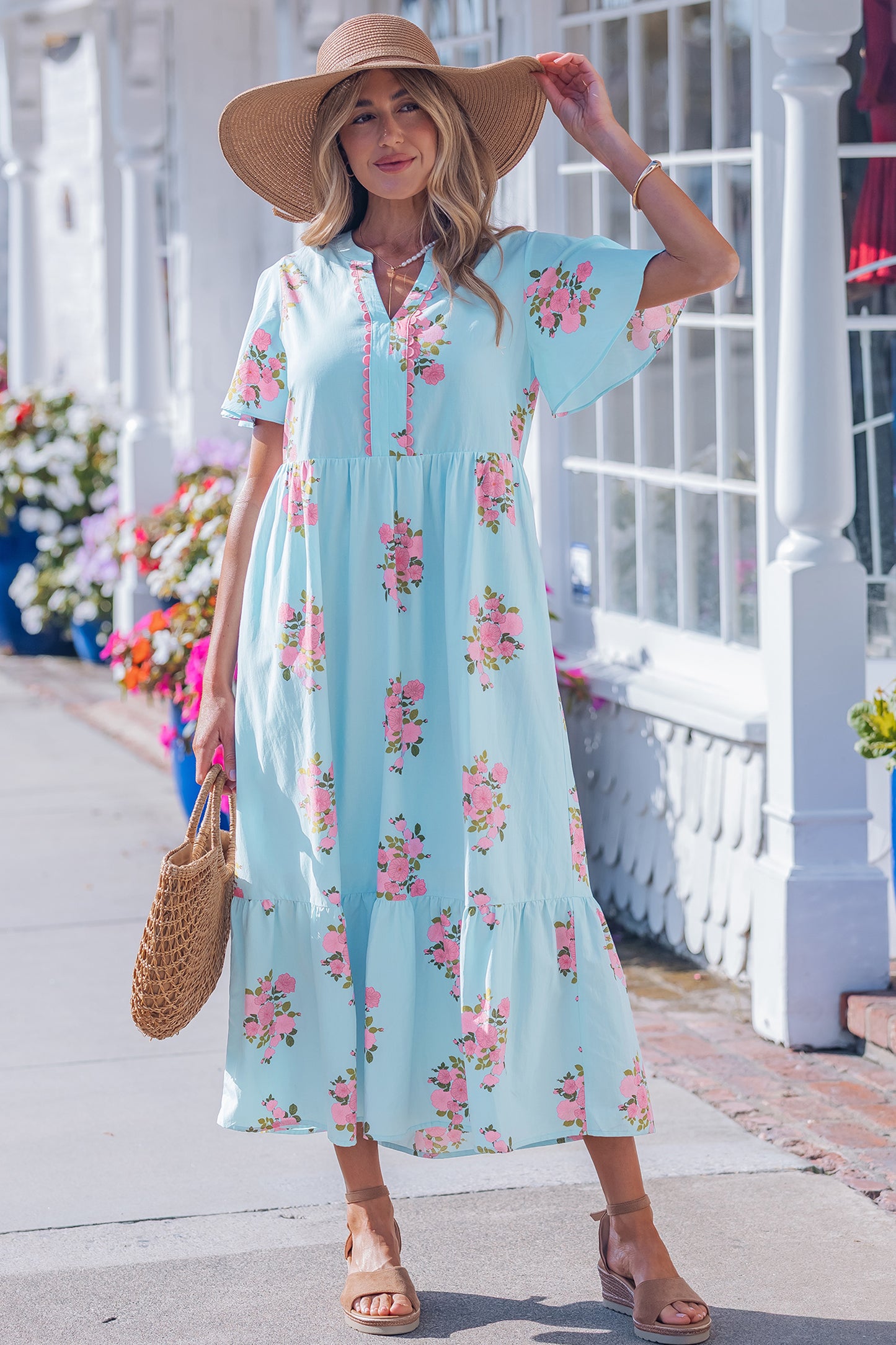 Sky Blue Notched Neck Flutter Short Sleeve Floral Print Maxi Dress-TOPS / DRESSES-[Adult]-[Female]-2022 Online Blue Zone Planet