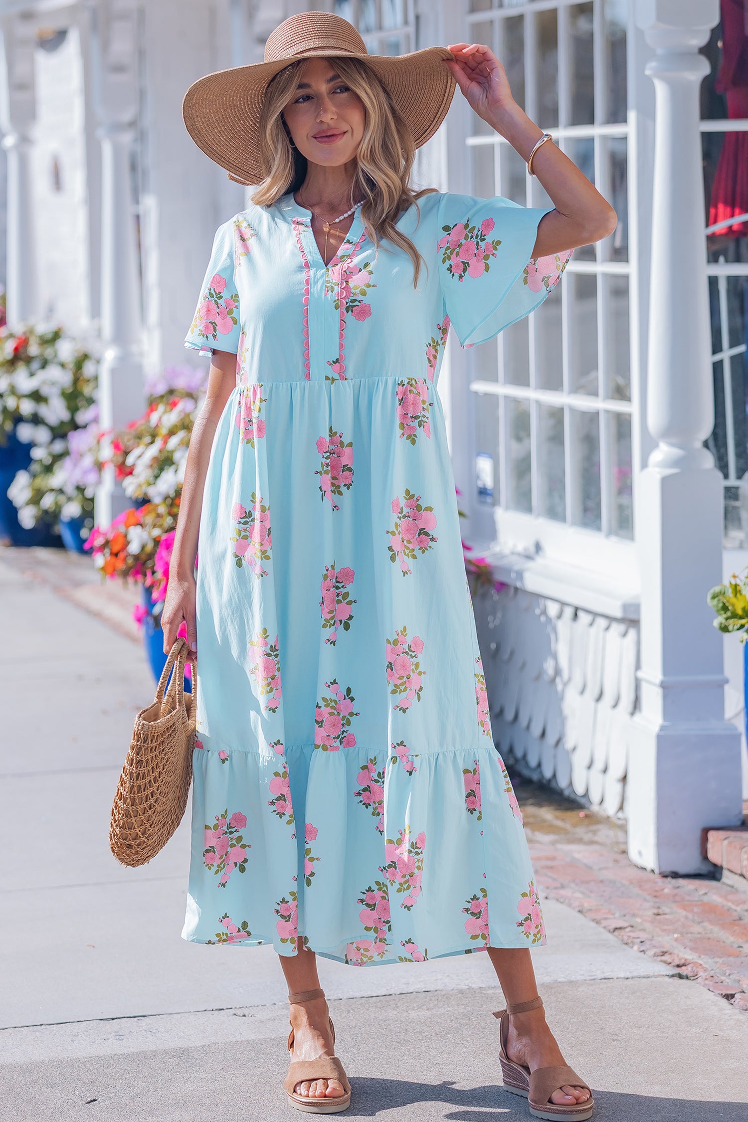 Sky Blue Notched Neck Flutter Short Sleeve Floral Print Maxi Dress-TOPS / DRESSES-[Adult]-[Female]-2022 Online Blue Zone Planet