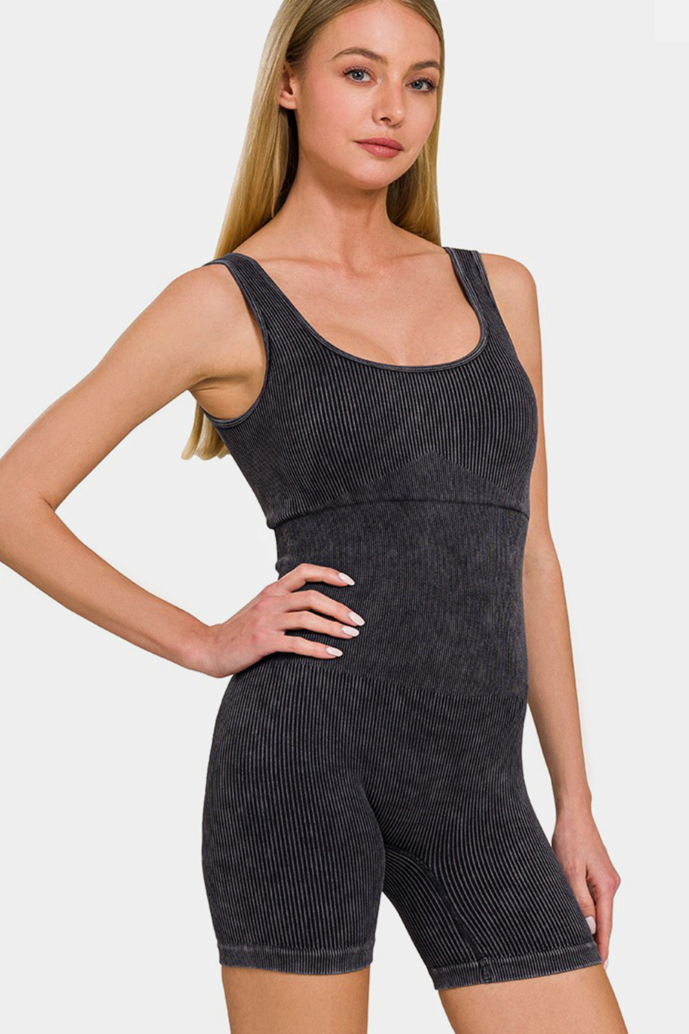 Zenana Washed Ribbed Romper with Pad-TOPS / DRESSES-[Adult]-[Female]-Black-S/M-2022 Online Blue Zone Planet