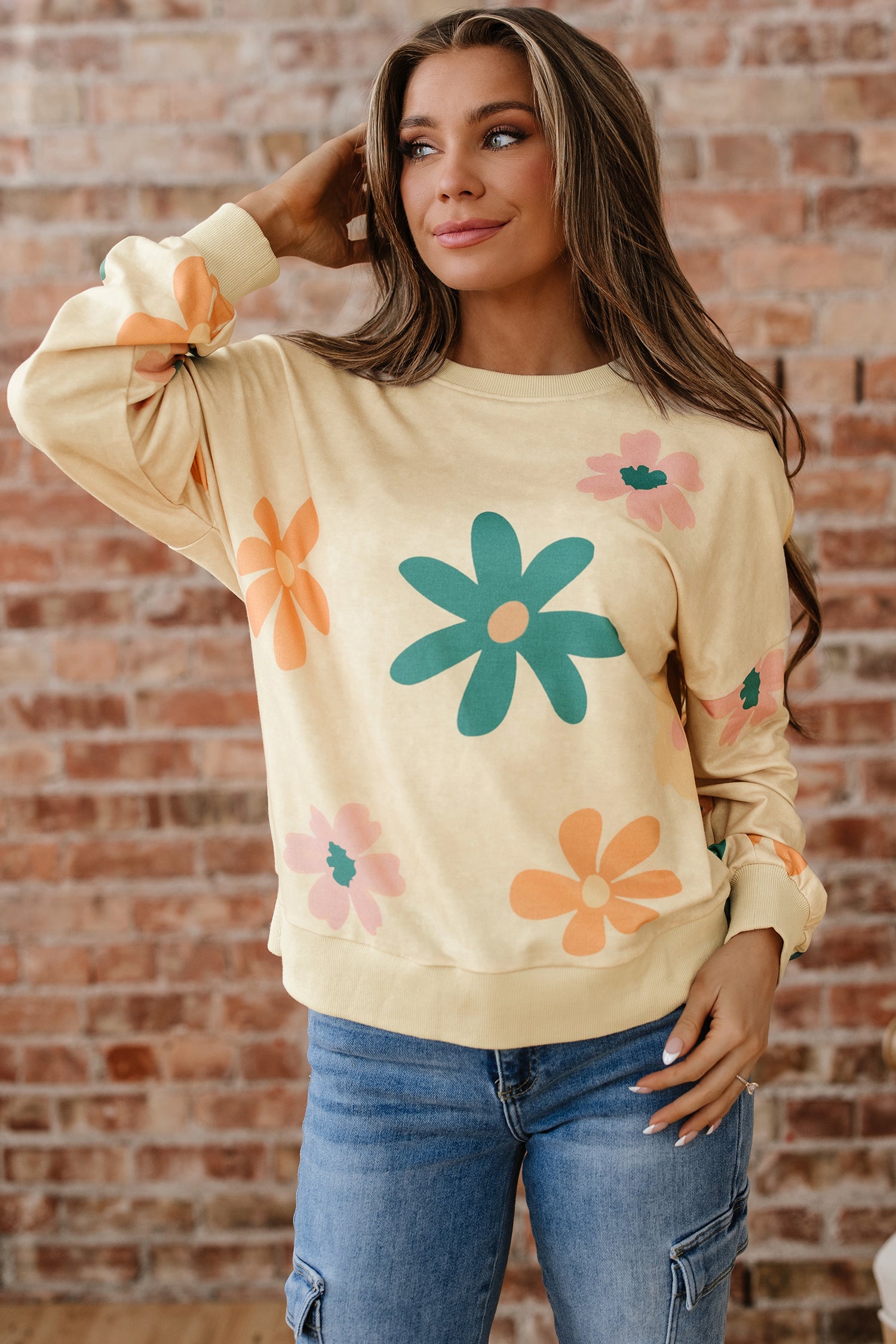 Khaki Mineral Washed French Terry Flower Print Sweatshirt-Tops/Sweatshirts & Hoodies-[Adult]-[Female]-2022 Online Blue Zone Planet