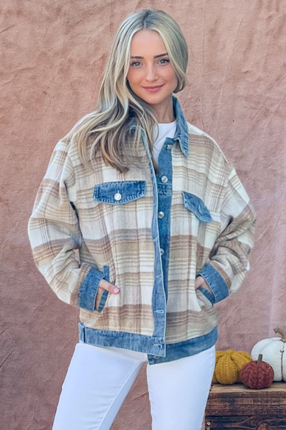 And The Why Full Size Washed Denim Detail Brushed Plaid Jacket-TOPS / DRESSES-[Adult]-[Female]-2022 Online Blue Zone Planet