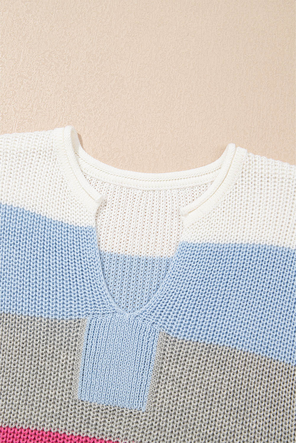 Light Blue Color Block Notch V Neck Sweater T Shirt-Sweaters & Cardigans/Short Sleeve Sweaters-[Adult]-[Female]-2022 Online Blue Zone Planet
